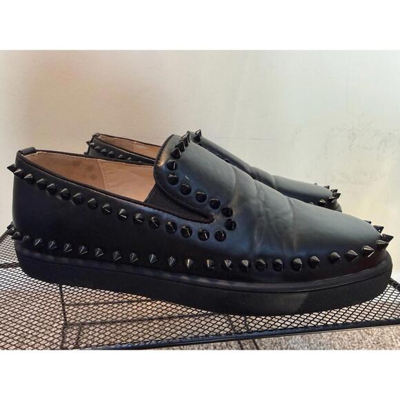 Christian Louboutin Black Leather Spike Pik Boat Slip-On Sneakers Size 38 - Picture 1 of 8